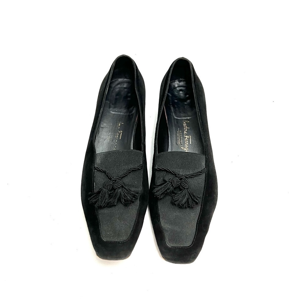 Ferragamo | Vinatge 1990s Black Suede Elastic Vamp Heeled Tassel Loafers